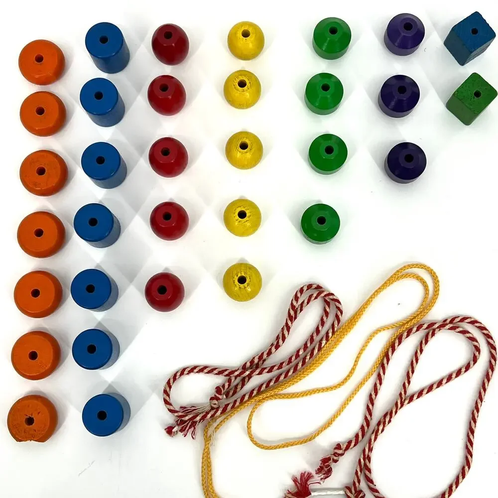 Vintage Playskool 702 Jumbo Wood Beads in Original Tin 1969